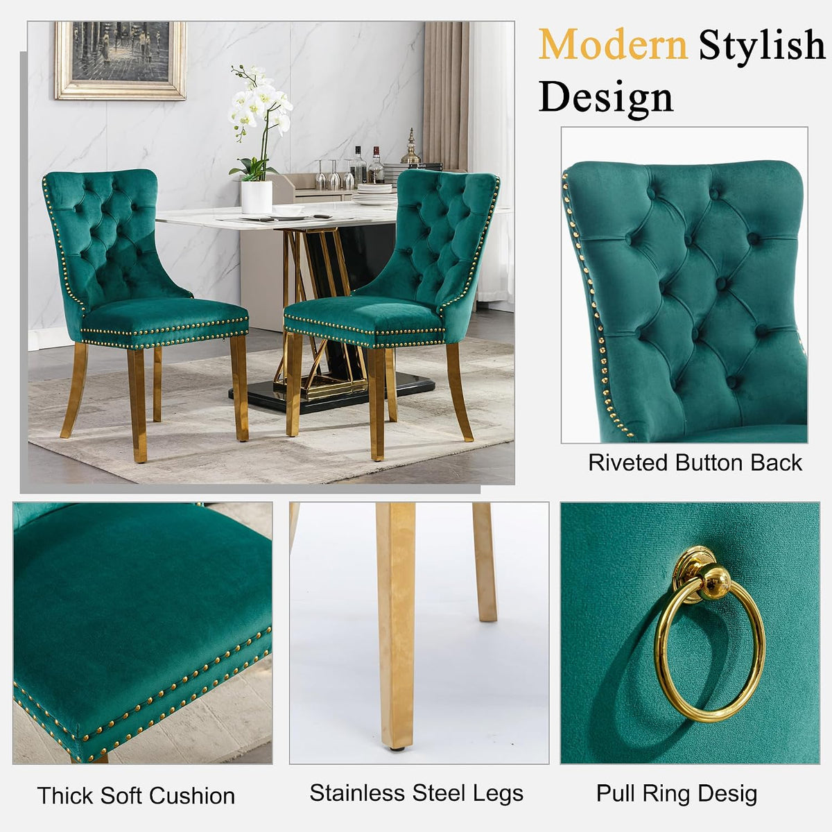Round Glass Dining Table Set for 4, Small Kitchen Table Set for 4, 47" Circle Gold Glass Dinner Table for 4 with Green Velvet Chairs, 5 Piece Dining Room Table Set for 4 for Breakfast Dinette Cafe