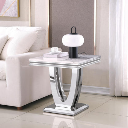 Henf 23in Square End Table Faux Marble End Table w/U Shape Steel Base,Luxury Sofa Side Table Tea Table for Living Room Office, Nightstand Bedside Table for Bedroom, White and Silver End Side Table