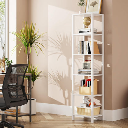 TUTOTAK Bookshelf, 6-Tier Tall Book Shelf, Narrow Bookcase for Small Space, DIY Stackable Bookshelf, for Living Room, Office, Study, Entryway, Industrial, White BS01BW006