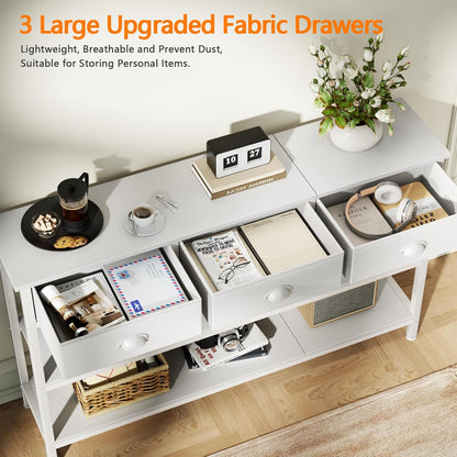 Furologee White Long 47" Console Sofa Table with 3 Drawers, Entryway Table with 3-Tier Storage Shelves, Display Shelf for Entry Way, Hallway, Couch, Living Room, Kitchen, Foyer | Industrial Hallway Table with Open Wooden Shelves for Hallway, Entry Way
