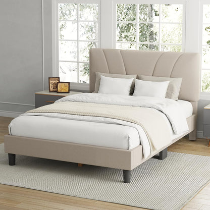 Avenco King Bed Frame, Upholstered Platform Bed Frame with Adjustable Headboard, Wood Slat Support, Easy Assembly, No Box Spring Needed, Beige