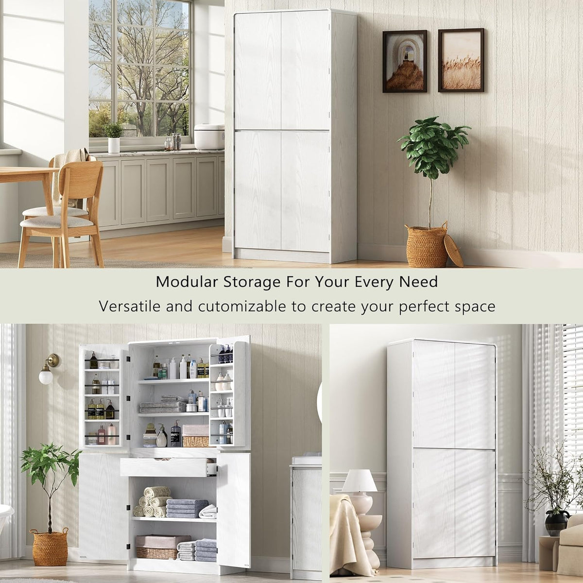 72" Tall Farmhouse Kitchen Pantry Cabinet with 8 Door Shelves, Curved Design Storage Cabinet with 3 Adjustable Shelves, Hidden Drawer, Versatile Cupboard for Kitchen, Dining & Bathroom, White