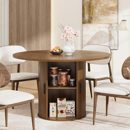 Garvee 47 Inch Round Dining Table for 4, Kitchen Table Dinner Table with 2-Layer Storage Shelf and Wood Slide Door for Home Dining Room Living Room