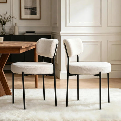 Boucle Dining Chair Set of 4, Mid Century Modern Upholstered Kitchen Chairs with Curved Backrest & Black Metal Legs, Round Dining Room Chairs, White