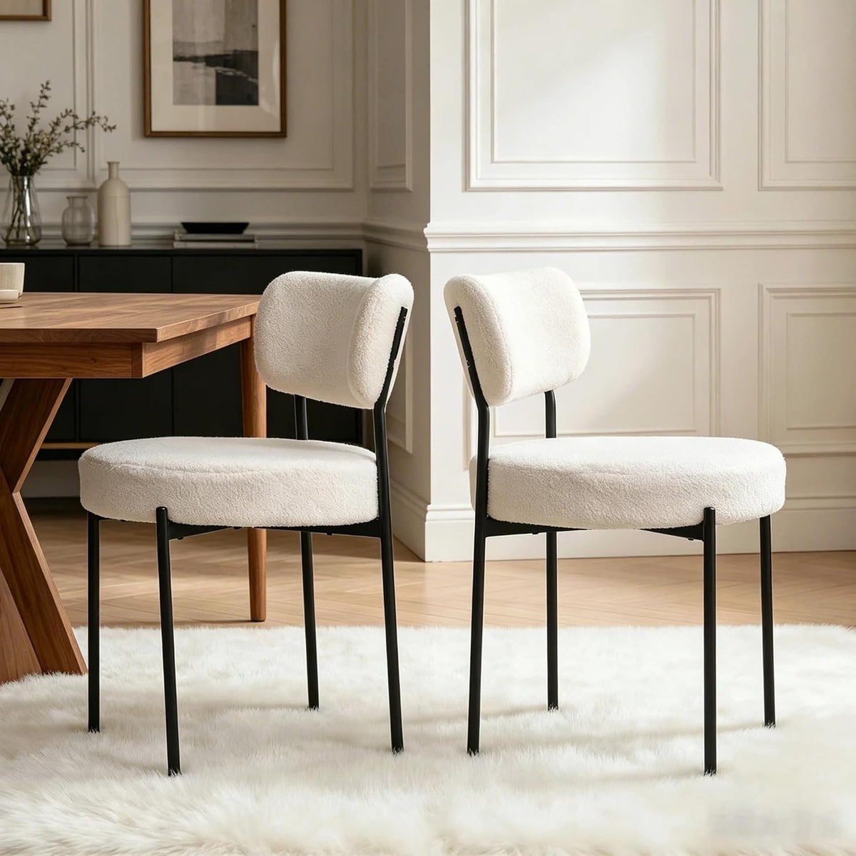 Boucle Dining Chair Set of 6, Mid Century Modern Upholstered Kitchen Chairs with Curved Backrest & Black Metal Legs, Round Dining Room Chairs, White