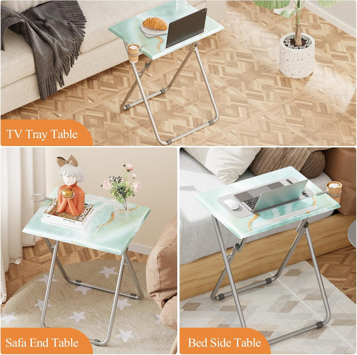 TV Trays Table Set of 4 Portable Folding TV Tray Table TV Dinner Tray with Sturdy MDF, Small Folding Tables with Phone & Tablet Slot, No Assembly Required, 15 x 18.9 x 25.6 in (Sea Blue Marble, 4Pcs)