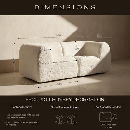 76" Loveseat Modular Sofa with High-Density Foam, 2-Piece Curved Sectional Couches, Sherpa Deep Seat Couch with Armrest, Cloud Soft Lounge Modern Sofas for Living Room – No Assembly, White