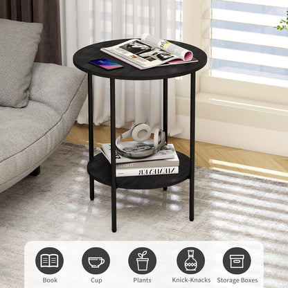 Side Table,Round End Table with 2 Storage Shelves| Compact Side Tables for Living Room, Couch, Office & Bedroom | Narrow Accent Table as Space-Saving Small Bedside Table 18x18x22in(Black)