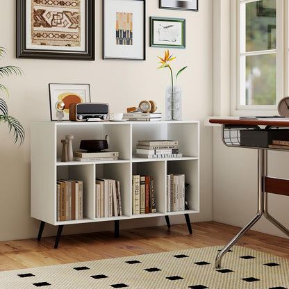 LOKO Large Record Player Stand, Vinyl Record Holder with Built-in Power Outlet, Open Shelves & Compartments, Turntable Display Stand for Living Room, Bedroom, Office (White)