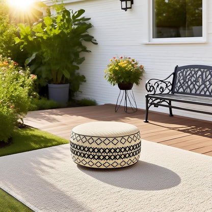 Outdoor Inflatable Ottoman with Air Pump, Embroidery Patio Footrest Stool D21”x H9”, Round Pouf Ottoman with Portable Handle Suitable for Garden, Camping, Bedroom, Living Room