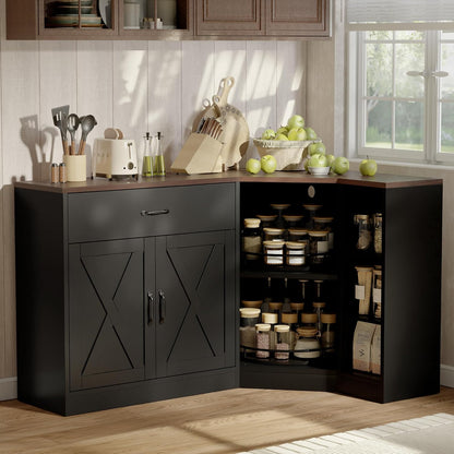Corner Cabinet w/Charging Station, Kitchen Pantry w/Lazy Susan Turntable | Farmhouse Food Pantry Cabinet w/Drawer & Doors & Adjustable Shelf, L-Shaped Sideboard for Dining Room (Black)