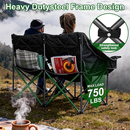 Double Camping Chair for 2 Persons, Oversized Folding Loveseat Camping Chair with Cup & Wine Holders, Heavy Duty 750LBS Support, Portable Camping Couch for Outdoor, Lawn, Beach, Black+Grey