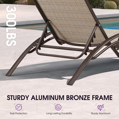 PURPLE LEAF Oversized Pool Chaise Lounge with Table Bronze Aluminum, Khaki | 2 Chaise + 1 Table, UV Textilene Fades Less, S-Curve Backrest with Arm, 5 Recline Angles, Adjustable Headrest, Stackable