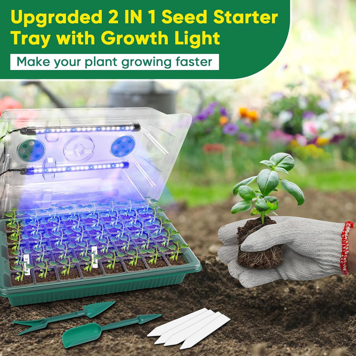 BlumWay Seed Starter Tray with Grow Light,3 Pack 120 Cells Seedling Tray with Humidity Dome/Indoor Grow Kit for Deep-Rooted Seedlings,Adjustable/Timed Light Plant Starter Set
