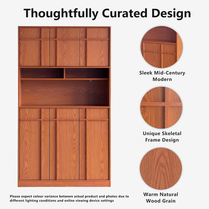 72" Pantry Cabinet, Tall Kitchen Pantry Storage Cabinet with Countertop, Adjustable Shelves, Mid Century Modern Wooden Kitchen Hutch with Skeleton Lines for Living Room, Dining Room, Cherry
