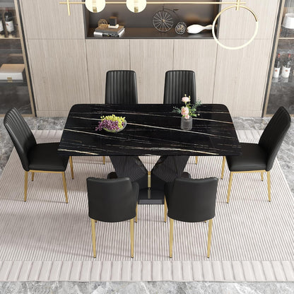 7 Pieces Modern Dining Table Set 63" Black Marble Dining Table Set for Rectangle Dining Room Table and 6 Black PU Leather Chairs for Kitchen, Office, Meeting Room, Restaurant
