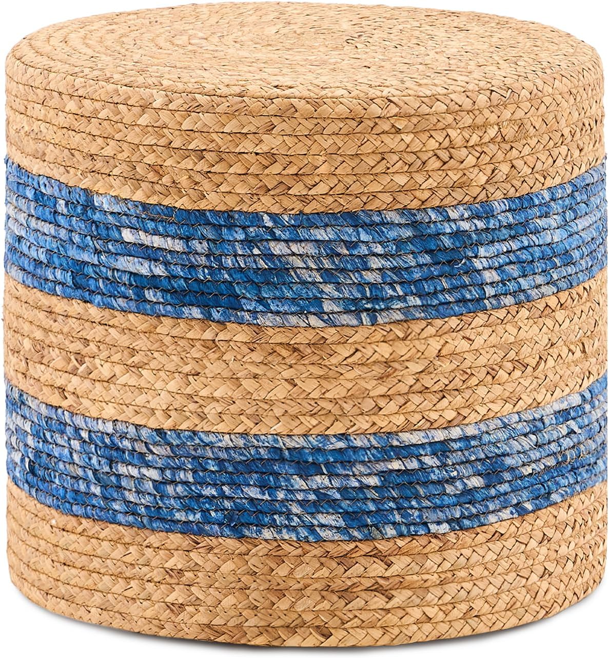 Handwoven Ottoman Pouf, Natural Water Hyacinth Footstool, Round Braided Outdoor Seat with Sturdy Frame, Boho Accent Stool for Patio, Balcony, or Garden (Blue)