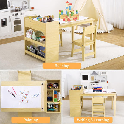 Kids Art Table with 2 Chairs, Toddler Craft Desk with Large Shelves Storage for Drawing & Writing, Activity Craft Table, with Paper Roller Wooden Furniture for Ages 2-10