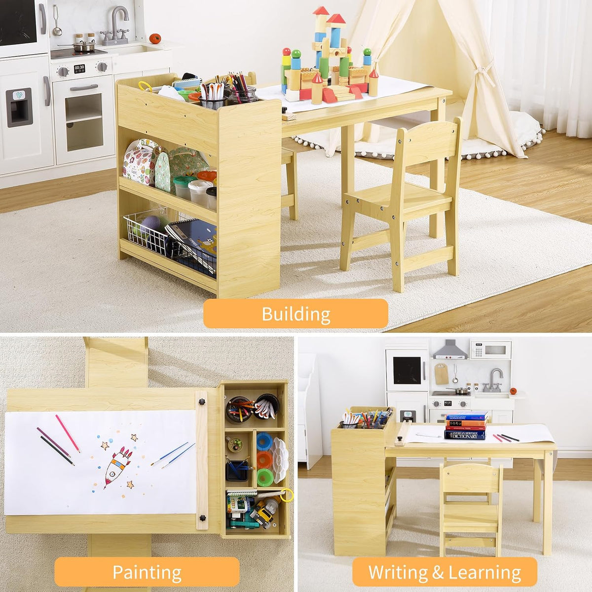 PlayfulPals Kids Art Table with 2 Chairs Set, Toddler Craft Desk with Storage Shelves, Drawing Table with Paper Roller Yellow