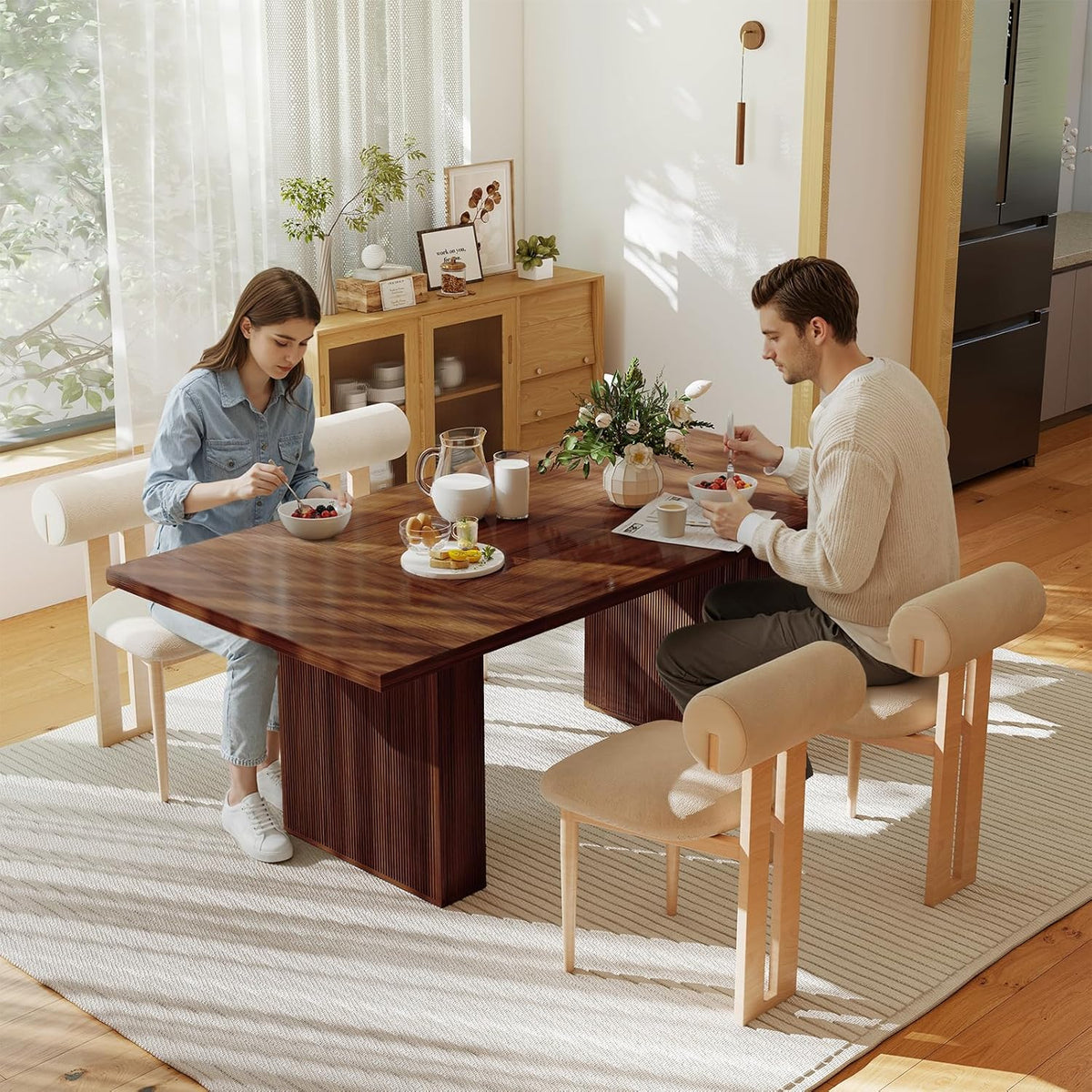 Miereirl 78 Inch Rectangular Dining Table for 6-8 People, Large Modern Farmhouse Kitchen Table with Grooved Wood-Strip Base, Perfect for Dining Room or Family Gathering, Walnut