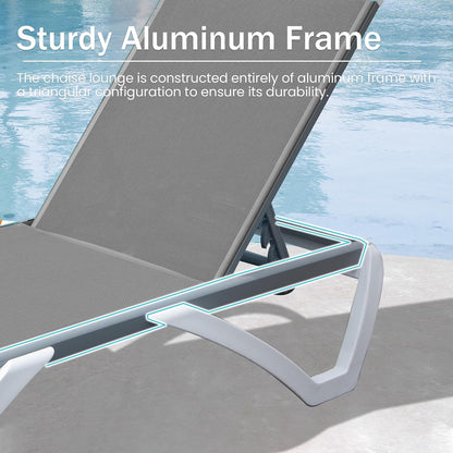 Domi Outdoor Lounge Chairs Set of 4, Aluminum Chaise Lounge Chairs for Outside with 5 Position Adjustable Backrest, Stackable Patio Lounge Chair with Wheels for Beach, Yard, Balcony, Poolside, Grey