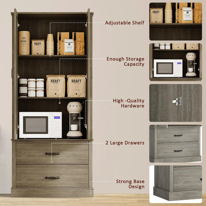 Farmhouse Kitchen Pantry Cabinet with Classic Barn Doors – Freestanding Storage Cabinet with Adjustable Shelves & 2 Large Drawers, Versatile Kitchen Cupboard for Dining Room, Grey
