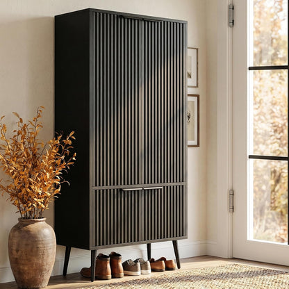 Ebony Fluted 51" Tall Wooden Kitchen Pantry Storage Cabinet Food Organize with Adjustable Shelves, Modern Accent Cabinet Sideboard Buffet for Dining Room, Entryway, Bathroom, Home Office