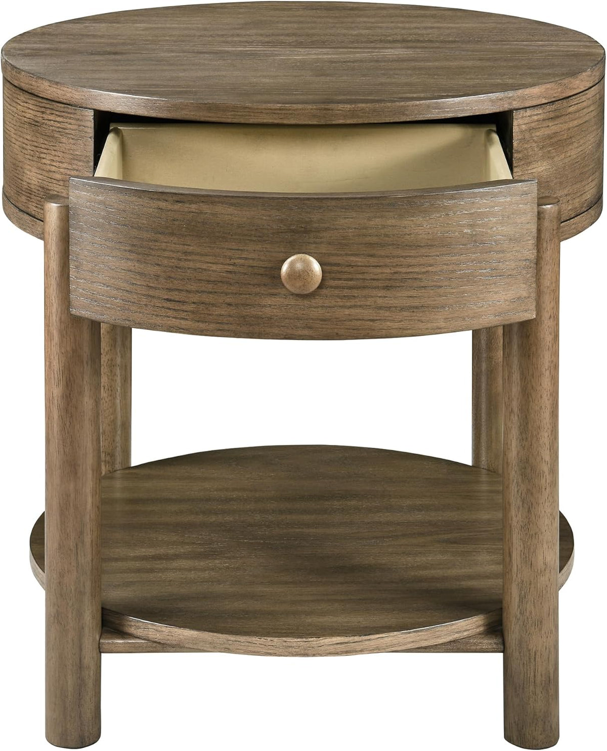 Solid Wood 24" Round End Table with Drawer, 2-Tier Small Sofa Side Table with Open Storage Oak Wood Accent Corner Table Modern Nightstand with Shelf for Living Room Bedroom Office, Brown, 24x25.16in