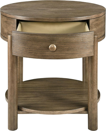 Solid Wood 24" Round End Table with Drawer, 2-Tier Small Sofa Side Table with Open Storage Oak Wood Accent Corner Table Modern Nightstand with Shelf for Living Room Bedroom Office, Brown, 24x25.16in