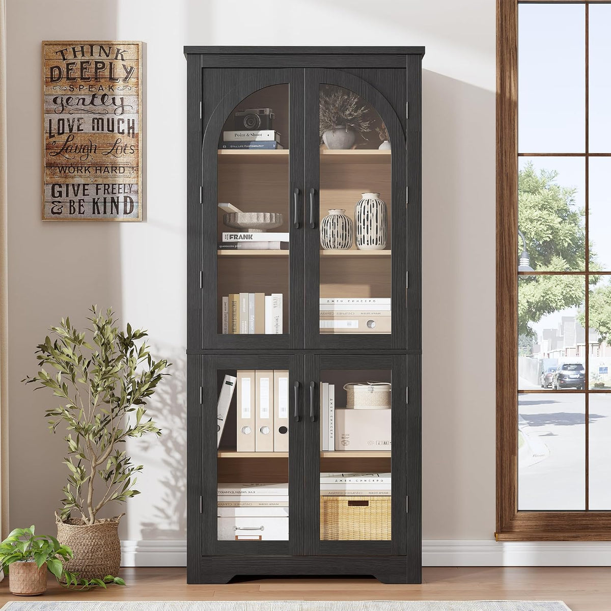 Garvee 70" Tall Kitchen Pantry Cabinet - Modern Display Cabinet with 4 Arched Glass Doors and Adjustable Shelves, Versatile Cupboard Organizers for Kitchen, Dining Room, Living Room, Bathroom, Black