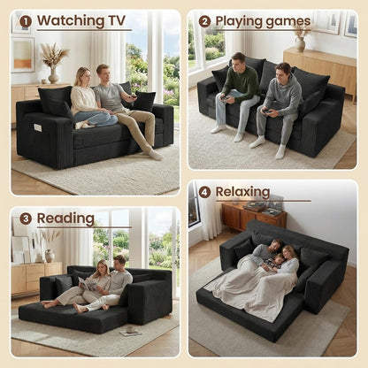 JUIKURY Couches 70 inch: 3-in-1 Convertible Sofa Bed Futon Couch Bed, Oversized Loveseat Sleeper Sofa with 5 Pillows, Black Small Couch for Living Room, Bedroom & Small Space