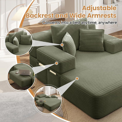 60.2 Inch Chaise Lounge Chair Indoor, Oversized Chaise Lounge with Adjustable Backrest and Armrests, Luxurious Corduroy Convertible Sofa Bed with Storage Pocket for Small Spaces, Apartment (Green)