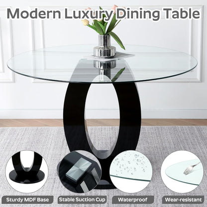 RGZ 39'' Modern Luxury Clear Glass Round Dining Table for 4-6, Glass Circle Top Kitchen Table with Elegant Silver Decorative Strips & Black Base, Small Apartment Dinner Table for Home, Living Room