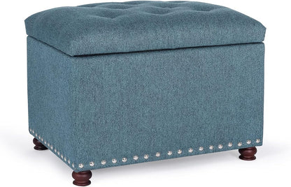 24’’ Rectangular Upholstered Storage Ottoman for Living Room | Fabric Foot Stool with Nail-head Trim- Chests and Organizers , Load Up to 350 lb, Lake Blue
