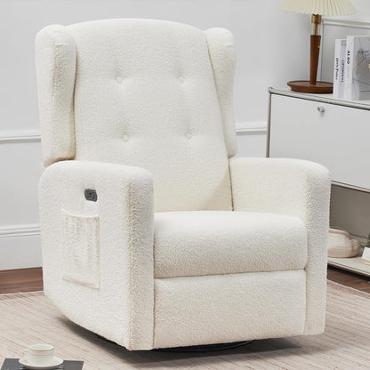 Ketaiyou Power Swivel Rocking Recliner Chair, High Back Electric Rocker Nursery Glider Chair, USB and Type-C Ports, Upholstered Teddy Fabric Reclining Single Sofa Chair for Living Room (Teddy Beige)