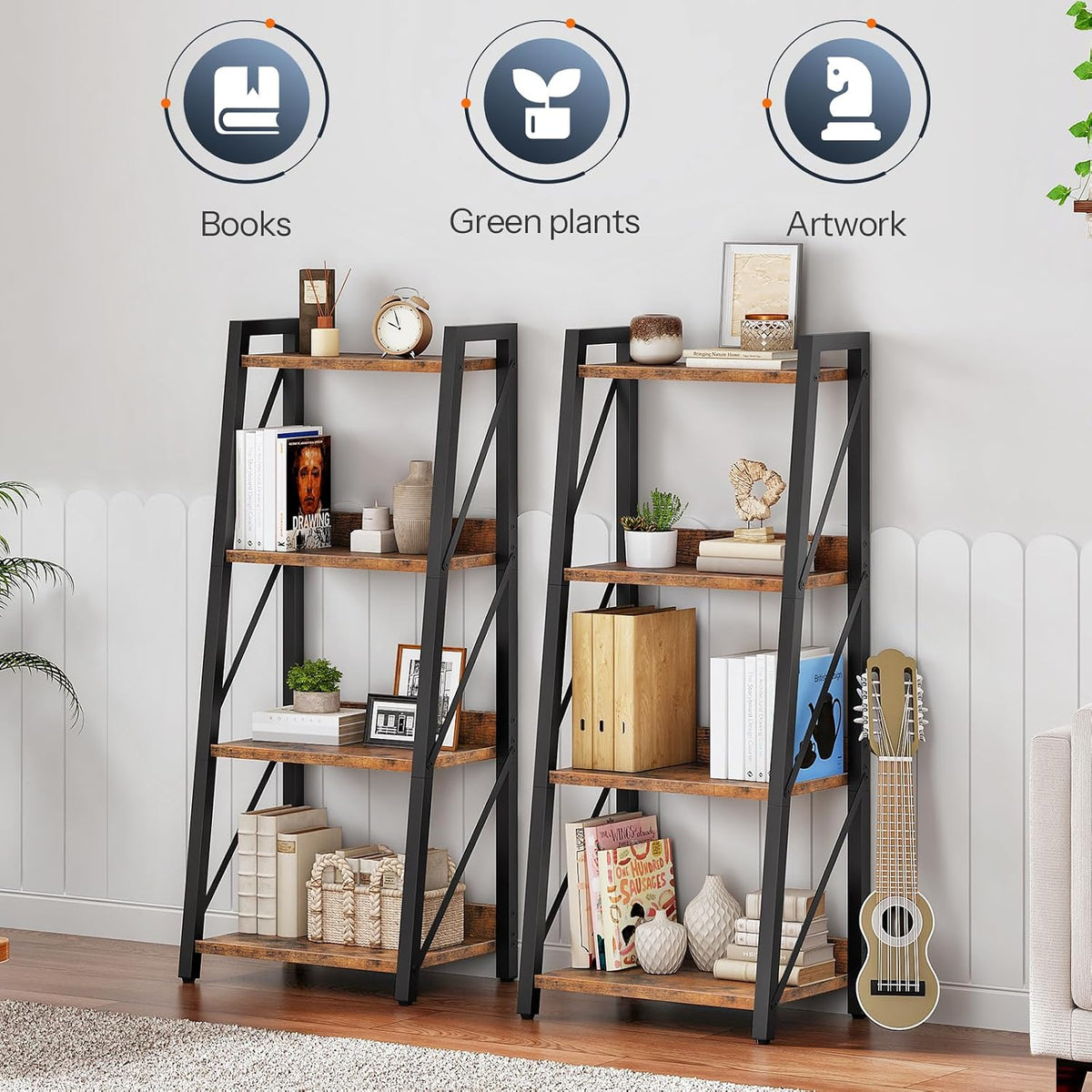 HOOBRO Ladder Shelf, 4-Tier Bookshelf, Corner Bookcase, Freestanding Storage Shelf Display Organizer, for Living Room, Bedroom, Home Office, Kitchen, Rustic Brown and Black BF304CJ01