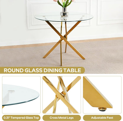 36" Round Dining Table Set for 4, Small Round Kitchen Table with 4 Boucle Dinner Chairs, Modern Circle 5 Piece Glass Dining Table with Metal Legs(Pink&Gold)