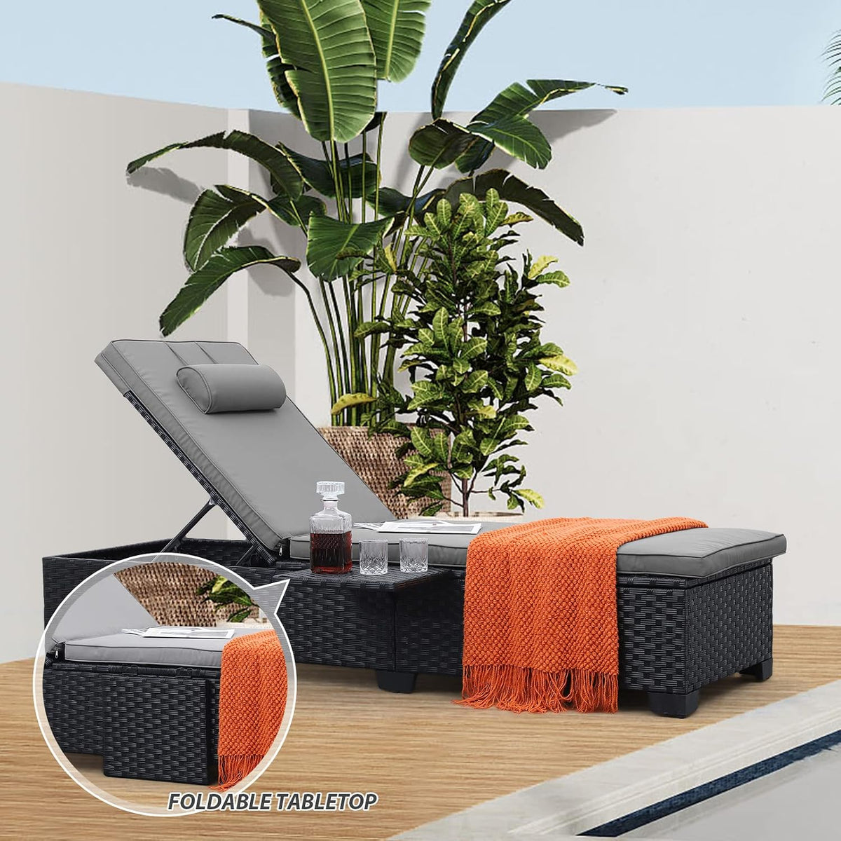 WAROOM Outdoor Chaise Lounge Chairs for Outside Patio Furniture Set of 2 Wicker Recliner Black Rattan Sunbathing Lounger Adjustable Backrest Pool Reclining Chair, Grey Cushion