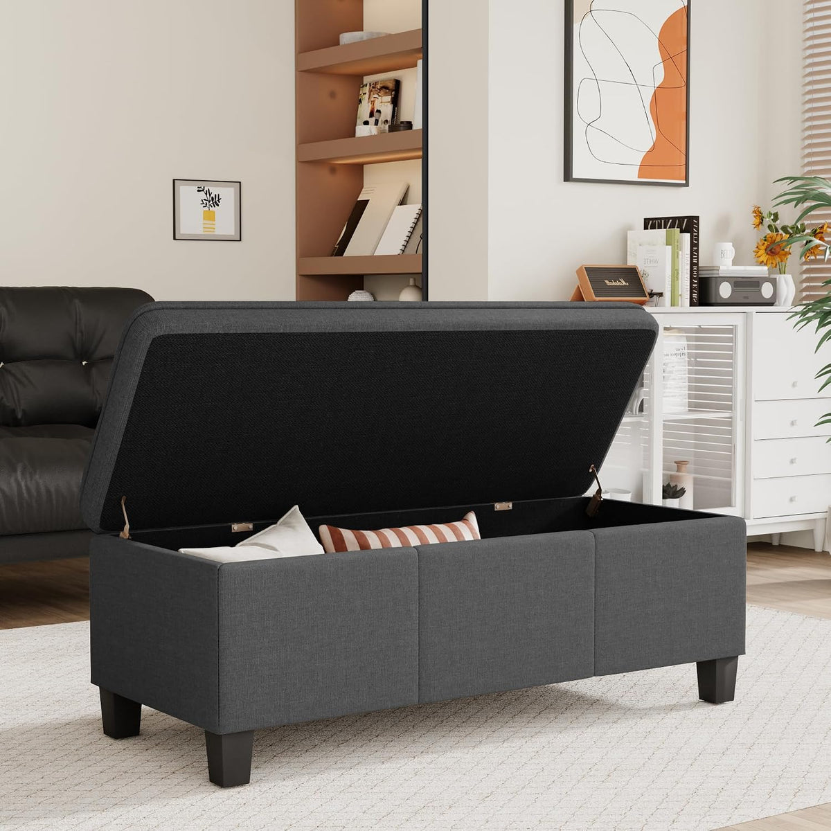YESHOMY 47 Inches Ottoman with Storage, Storage Bench with Legs, Ottomans for Living Room, Entryway, Adjustable & Movable, Easy Assembly, Dark Gray Textured