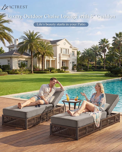 Luxury Outdoor Chaise Lounges with 5 Inch Thickened Cushions - Set of 2 High Back Brown Wicker Patio Recliners Rattan Reclining Chairs Porch Poolside Pool Sunbathing Lounger - Grey