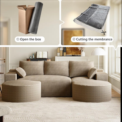 108" U-Shaped Couches for Living Room,Comfy Fluffy Cloud Sectional Couch with Curved Ottoman, Modern Plush Corduroy Deep Seat Modular Sectional Sofa for Small Spaces, Light Brown