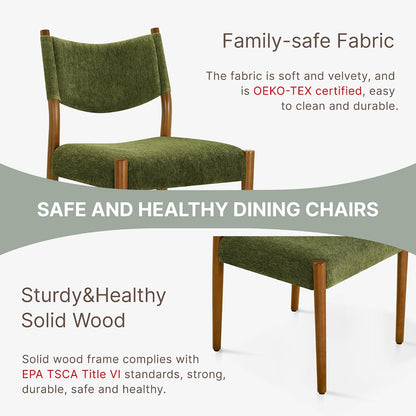 KISLOT Dining Chairs Set of 2, Ergonomic Upholstered Wood Chairs, Green | Mid Century Modern Dining Room Chairs, Ergonomic Farmhouse Kitchen Chairs with Solid Rubber Wood Frame, Antique Walnut Leg