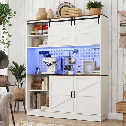 75”Tall 63"W Extra Large Farmhouse Kitchen Storage Pantry Hutch Cabinet w/Power Outlet,Pegboard,Coffee Bar Cabinets,LED Light,Microwave Shelf,Wine Rack,4 Barn Doors,2 Drawers, Dining Room,Black