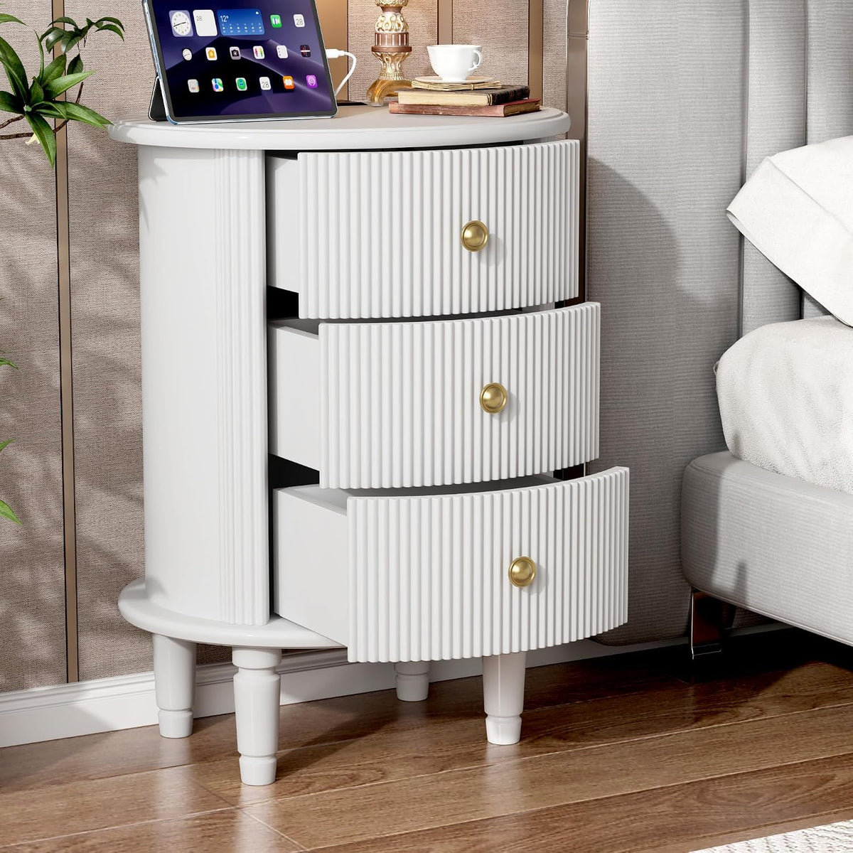 Round End Table with Charging Station, Wood Side Table with Storage for Small Spaces, White Nightstand with 3 Drawers, Couch Side Cabinet Bedside Table for Living Room/Bedroom/Corner