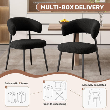 Dining Chairs Set of 4, Mid Century Modern Kitchen Chairs, Boucle Upholstered Dining Chair with Curved Backrest & Metal Legs for Kitchen Dining Room, Black