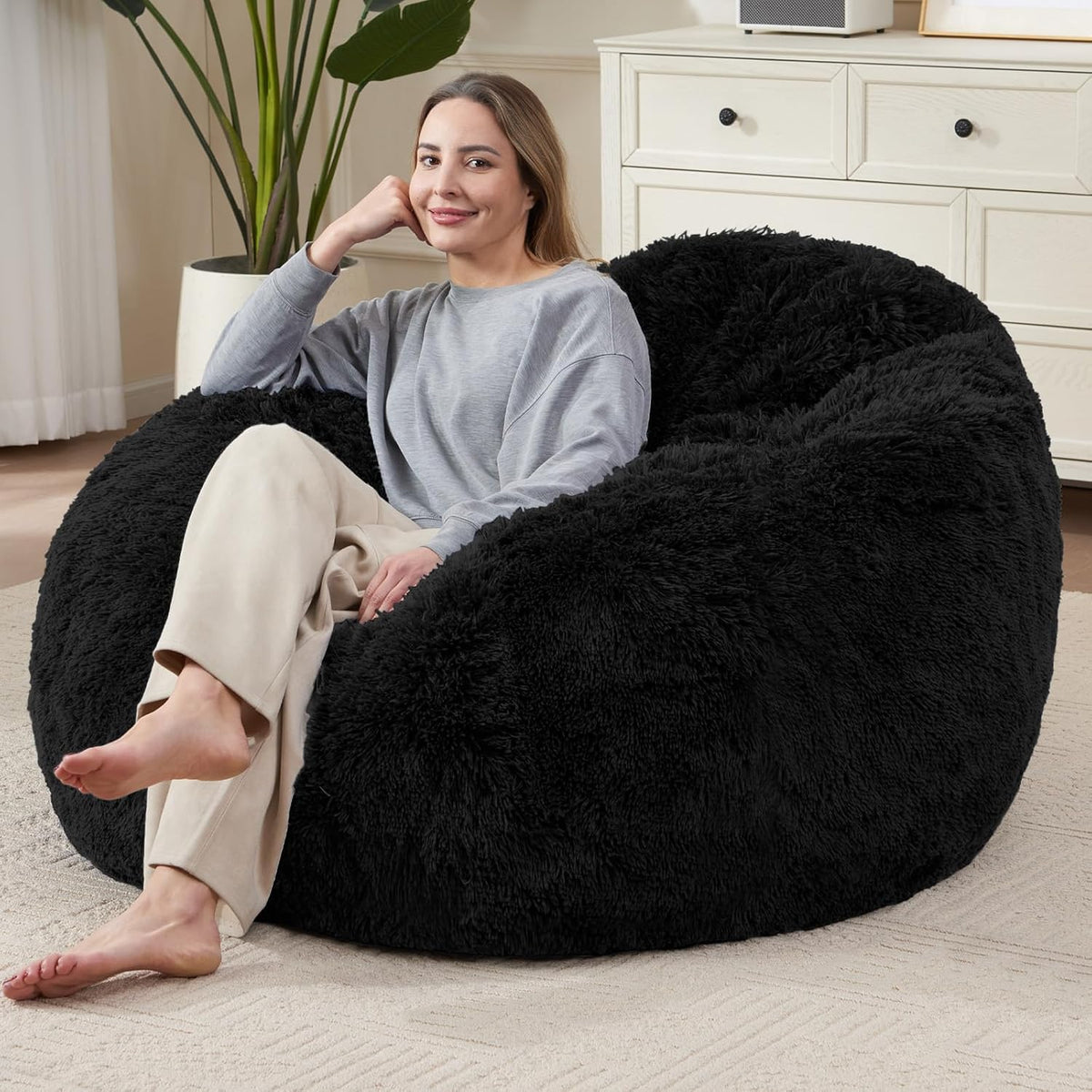 Bean Bag Cover (No Filler), Soft Faux Fur Stuffed Animal Bean Bag Storage, Fluffy Plush Bean Bag Chair Cover Washable, Comfy Bean Bag Covers for Adults Kids Teens, 38"x40" Black