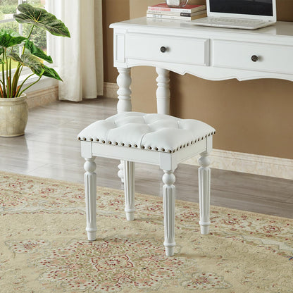 Vanity Bench Stool with Microfiber Leather Cushion, Vanity Chair Ottoman Dressing Stool with Solid Wood Legs for Bedroom, Makeup Room, Dressing Room, Easy Assembly (White)