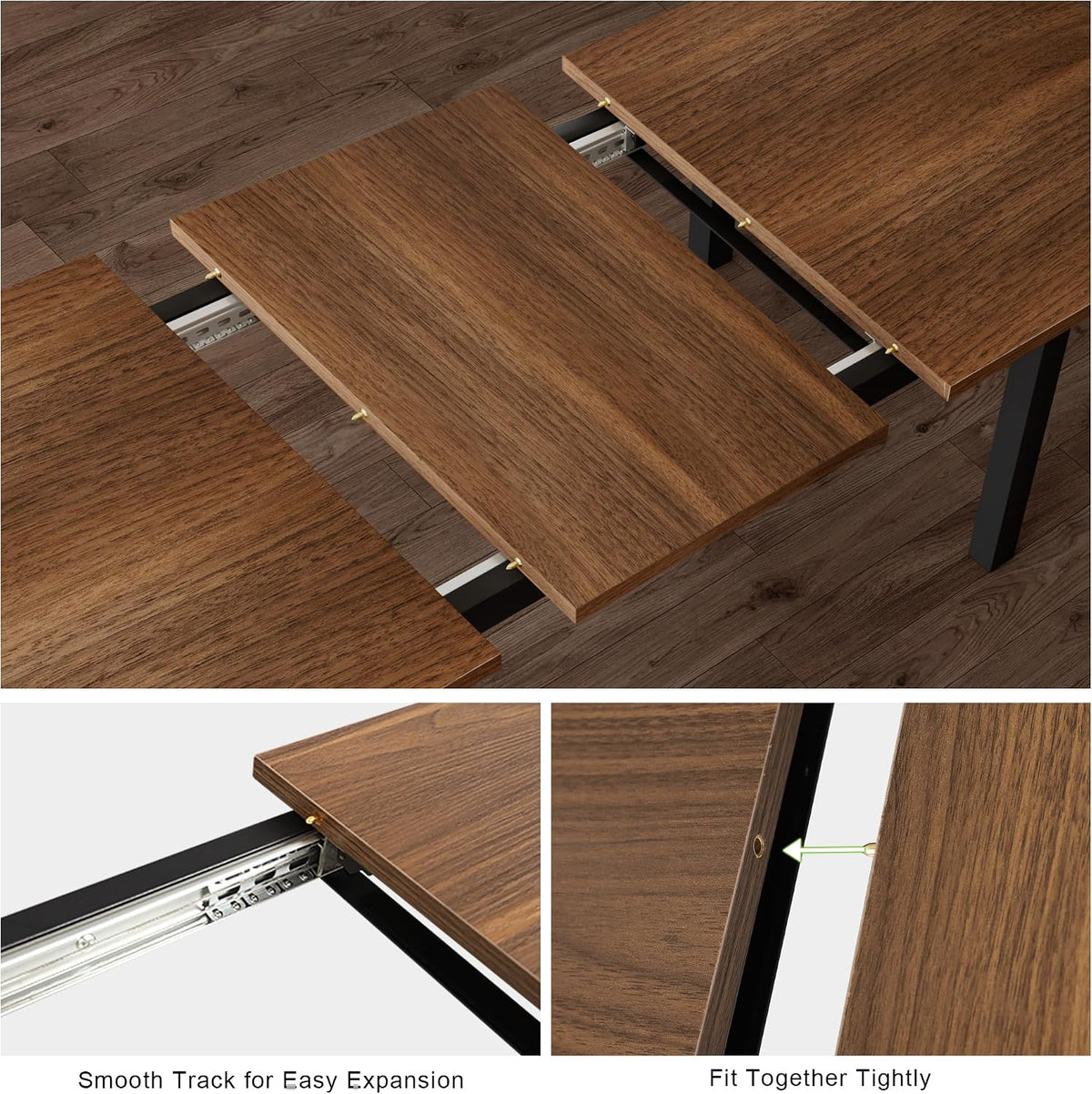 Feonase 5-Piece Dining Table Set for 4-8 People, 63" Extendable Kitchen Table with 2 Benches and 2 Square Stools, Mid-Century Modern Wooden Dining Room Table, Space-Saving, Walnut