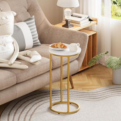 C Shaped End Table, Couch Side Tables for Living Room, Round Sofa End Table with Metal Frame, Small Wooden Snack Table for Bedroom, Small Spaces, Easy Assembly (Gold,2pcs)