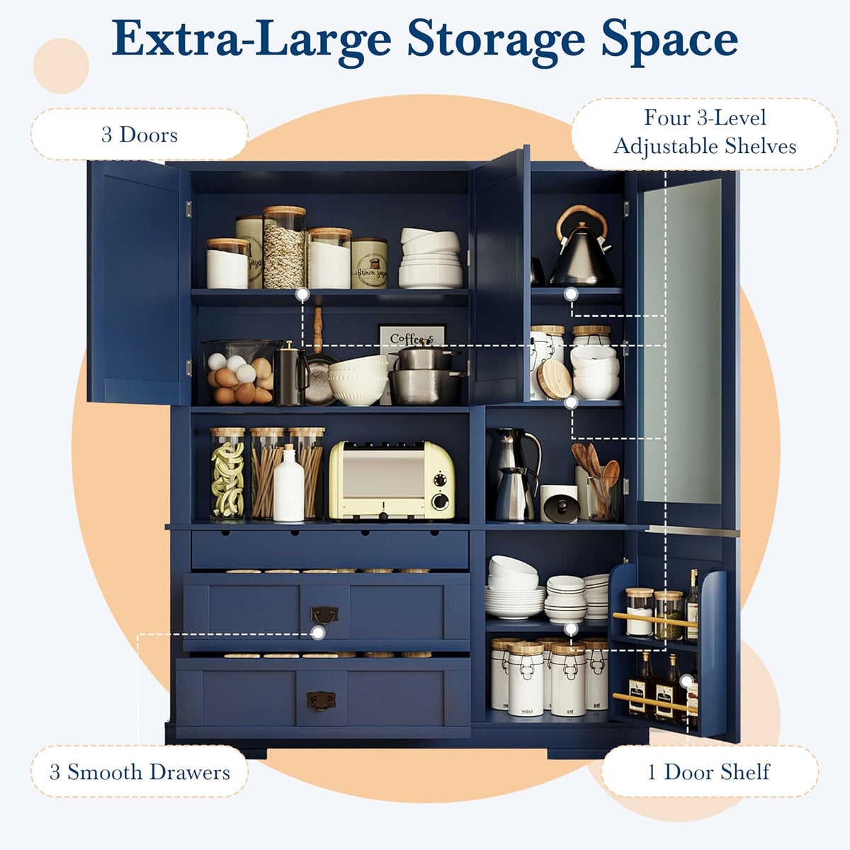 Large Pantry Storage Cabinet with Adjustable Shelves and Drawers, Freestanding Buffet Cabinet Cupboard with Hutch and Door Shelf for Dining Room, Kitchen (Blue)